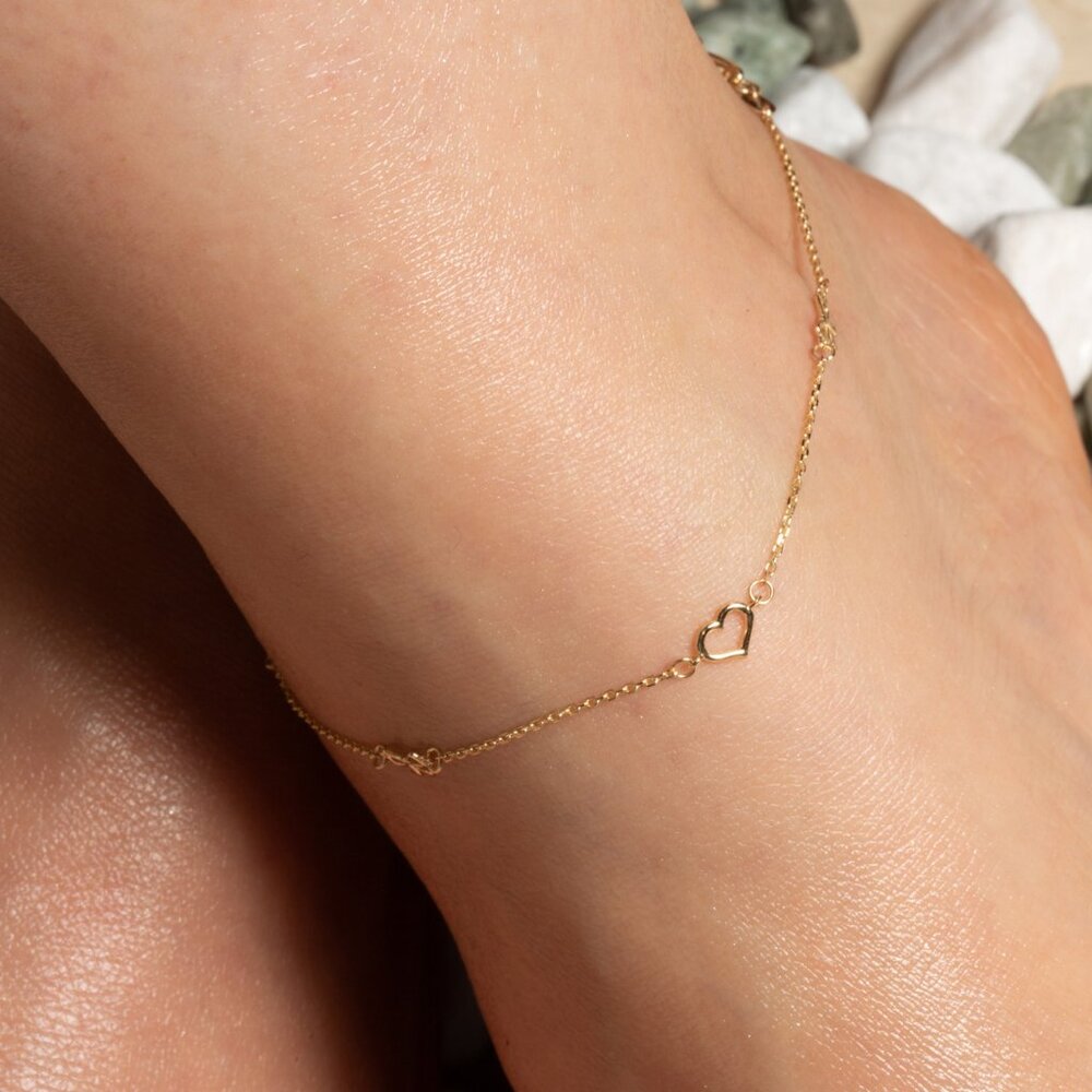 14K Solid Yellow Gold Love Bow Tie Heart Ankle Bracelet Anklet Adjustable 9"-10"